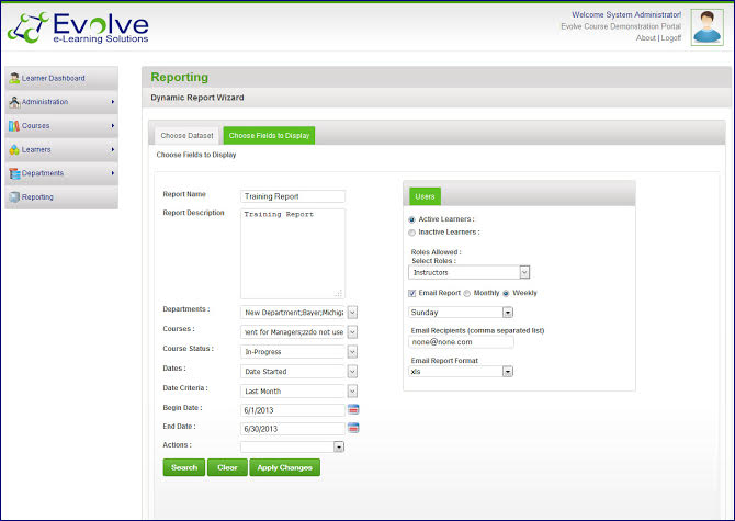 screenshot of Evolve Learning Manager